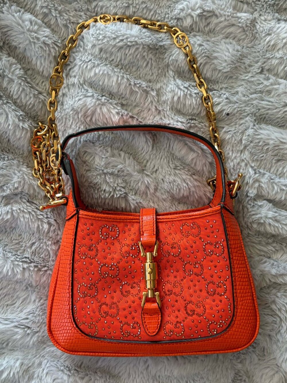 Gucci GG Mini Crystal Jackie 1961 Shoulder Bag Orange Lizard